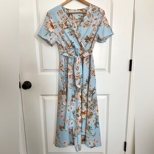 V Neck Blue A-Line Floral High Low Maternity Dress with Belt size S